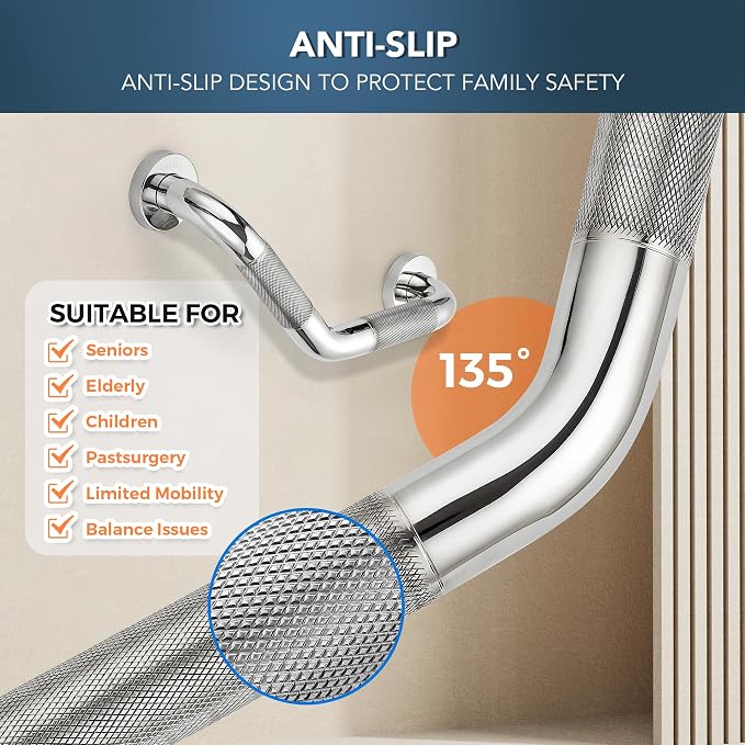 Grab Bars for Bathtubs and Showers- 1-1/4 x 16 Angled Shower Grab Bar for Seniors Knurled Stainless Steel Handicap Grab Bars for Wall (Polished Nickel, 2 Pack)