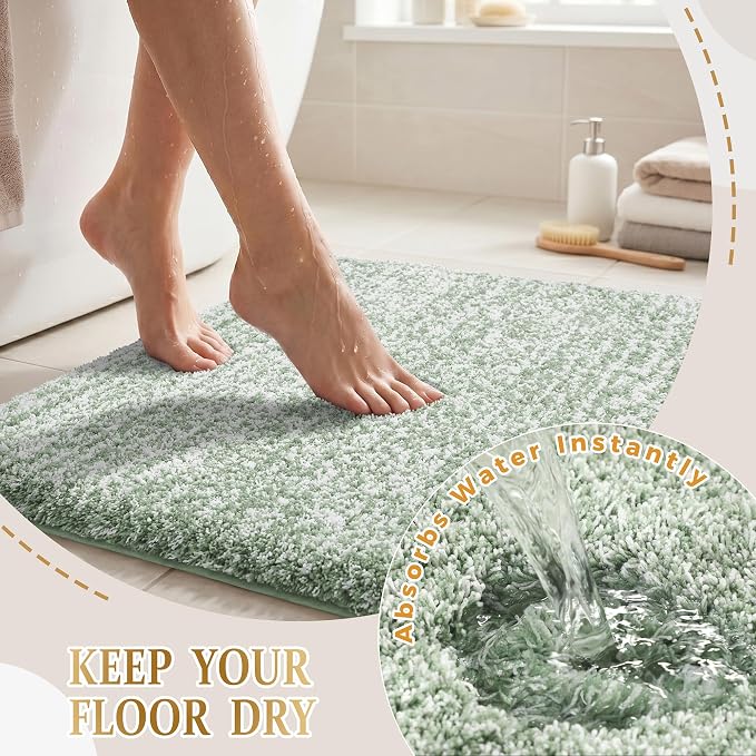 Yimobra Luxury Bathroom Rugs, Fluffy Bath Mats, Non Slip, Water Absorbent Microfiber, Machine Washable, Plush Runner Shower Rugs, Thick Matts for Bathroom Floor&Tub, 47" X 24", Light Green and White