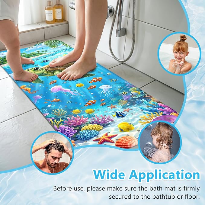 Kids Bath Mat for Tub Non Slip – 40"x16" Cute Cartoon Turtle Baby Bathtub Mats, Machine Washable, Extra Long Tub Mats with Suction Cups & Drain Holes Non Slip Baby Shower Mat for Toddler Bath(Turtle)