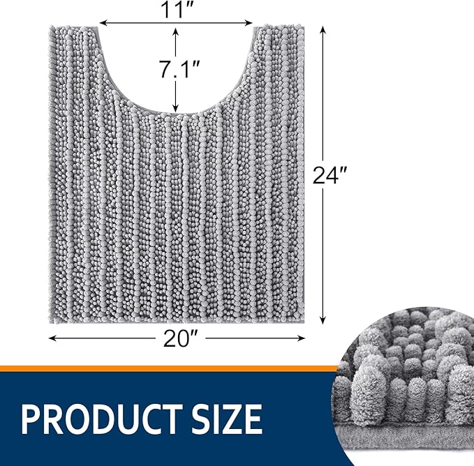 Smiry Bathroom Toilet Rugs U Shaped 24x20, Extra Soft Absorbent Non Slip Rubber Backing Chenille Contour Bath Rugs for Toilet, Machine Washable Contoured Bath Mats, Grey