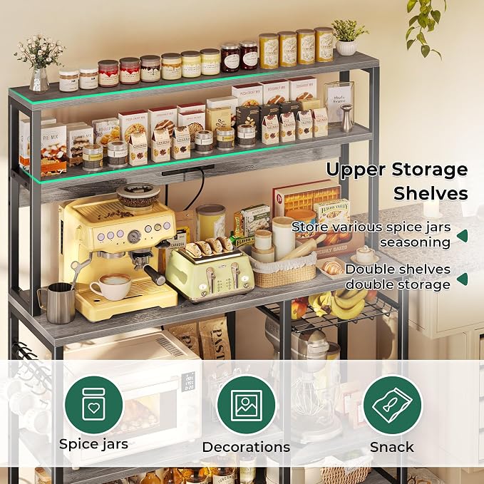 SUPERJARE Bakers Rack with Power Outlet, 47.2 Inches Coffee Bar with 3 Level-Adjustable Open Shelves, Wire Basket, Kitchen Microwave Stand with 6 S-Shaped Hooks, Grey