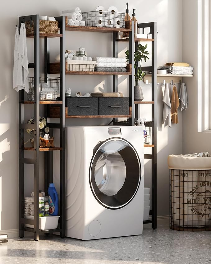 Besiost Over The Toilet Storage, 11 Tier Bathroom Organizer with Dual Side Racks and 2 Fabric Drawers, Adjustable Freestanding Rack Space Saver for Small Spaces, Rustic Brown