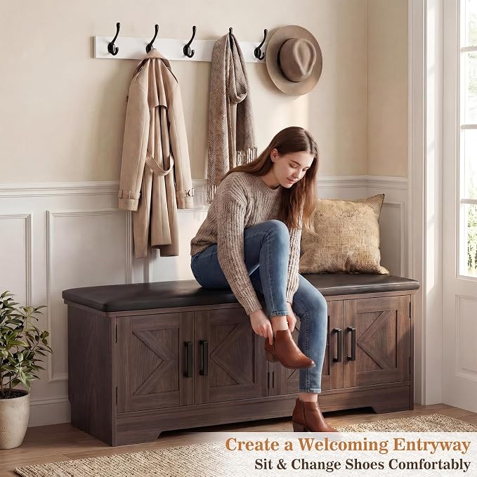 Farmhouse Shoe Storage Bench with Cushion - 43.3" Entryway Bench with Storage & 4 Barn Doors, 2-Tier Wooden Shoe Rack Bench, Shoe Cabinet & Mudroom Bench for Bedroom Hallway Living Room, Black Walnut
