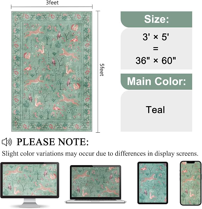 DUKINO 3x5 Rug, Washable Animal Area Rug with Non Slip Vintage Design, Indoor Soft Low Pile Carpet for Bedroom, Nursery, Dining Room, Farmhouse, Playroom, Teal
