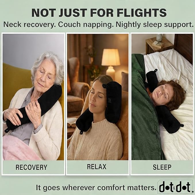 Dot&Dot Twist Memory Foam Travel Pillow for Airplanes - Travel Neck Pillow for Sleeping - Airplane Pillow for Neck Support, Chin, Lumbar and Leg - Adjustable, Bendable Neck Roll Pillow (Onyx)