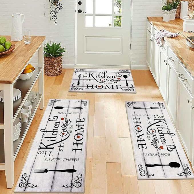 Vaukki Boho Kitchen Rug Sets 3 Pieces, Washable Kitchen Mats for Floor, Non Slip Soft Kitchen Area Rug Floor Mat for Kitchen, Laundry Room and Hallway (Log, 20''x32''+20''x47''+20''x59'')