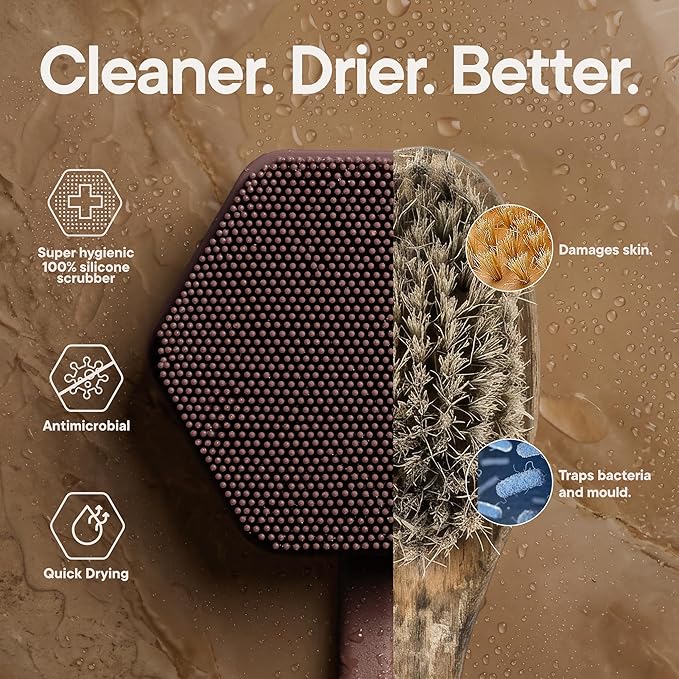TOOLETRIES Silicone Back Scrubber for Shower, Exfoliating Body & Bath Brush, Long Ergonomic Handle, Non-Slip Grip for Hard-to-Reach Areas, Hygienic Silicone Bath Accessory for Men & Women - Chocolate