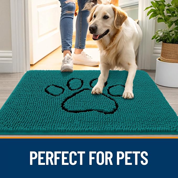 OLANLY Dog Door Mat for Muddy Paws 30x20, Paw Print Design, Absorbs Moisture and Dirt, Absorbent Non-Slip Washable Doormat, Quick Dry Chenille Mud Mat for Dogs, Entry Indoor Entryway Carpet, Lake Blue