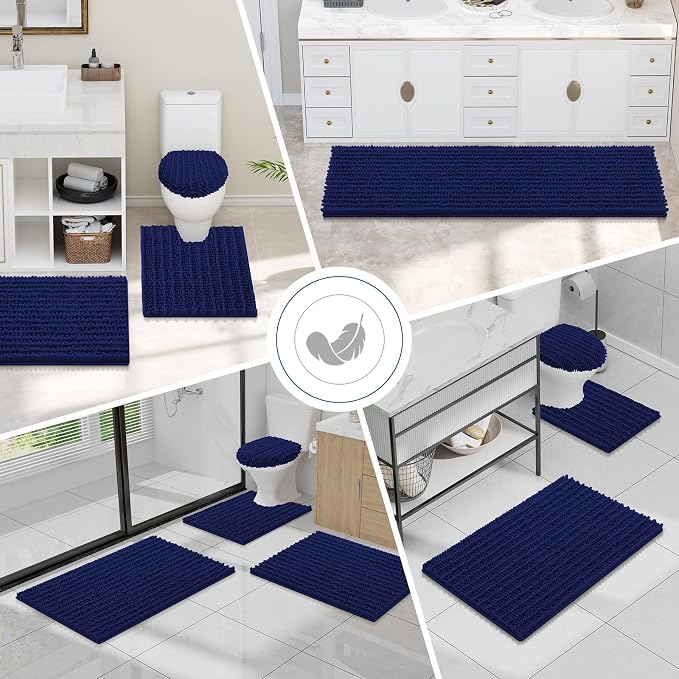 Smiry Bathroom Toilet Rugs U Shaped 24x20, Extra Soft Absorbent Non Slip Rubber Backing Chenille Contour Bath Rugs for Toilet, Machine Washable Contoured Bath Mats, Navy Blue