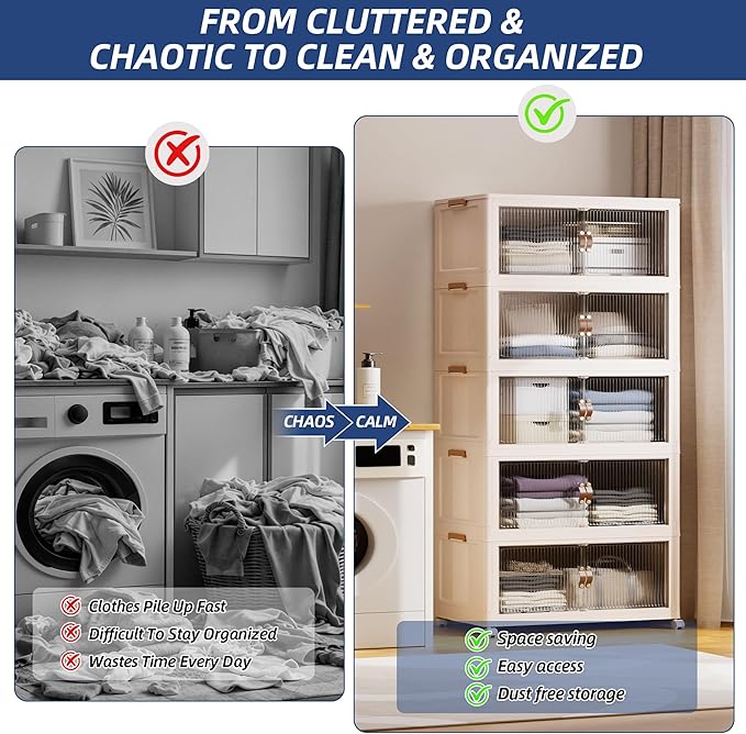 SAILUN 158Gal/635Qt Extra Large Stackable Storage Bins Folding Collapsible Storage Bins with a Lid, Closet Organizers and Storage Blush White 28" W x 17" D x 75" H