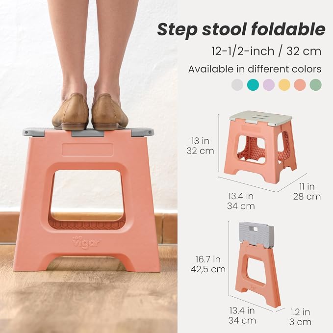 Vigar Compact Folding Step Stool - 12-1/2 Inch Foldable Step Stool for Adults, Lightweight Portable Stool with Handle, Non Slip Step Stool, Space-Saving Stool up to 330 lb - Sunrise Orange
