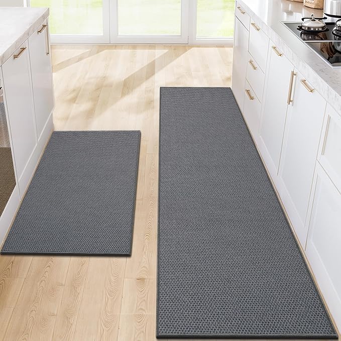 Kitchen Rugs and Mats, Non Slip Washable Set of 2 PCS, Absorbent Kitchen Mats for Floor, Kitchen Runner Rug, Rubber Backing, for Kitchen Decor, Front of Sink (Grey, 20’’*32’’+20’’*60’’)
