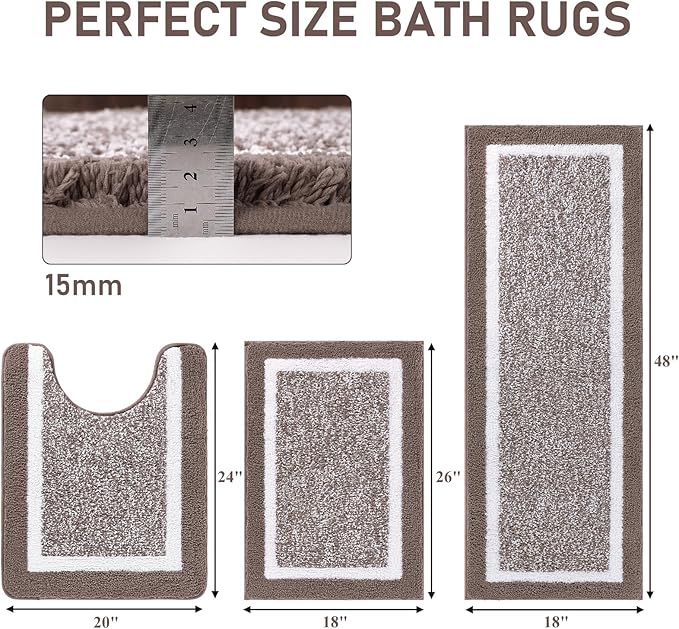 Pauwer 3 Piece Plush Bath Mat Set, Non Slip Shaggy Bathroom Mats with U-Shaped Contour Toilet Mat for Bedroom Living Room