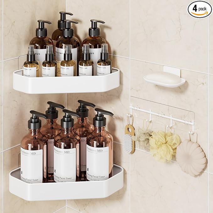 Veken Aluminum Corner Shower Caddy 4-Pack, Never Rust, No Drilling Adhesive Shelves, Stainless Rack with Soap Holder, Bathroom Organizers and Storage, Wall-Mounted Kitchen & Home Decor, White