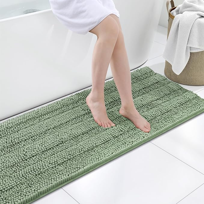 Grandaily Chenille Striped Bathroom Rugs 59x20, Extra Thick and Soft Absorbent Bath Mats, Rubber Backing, Plush Shaggy Shower Carpet, Machine Wash Dry, Bath Rug for Bathroom, Grayish Green
