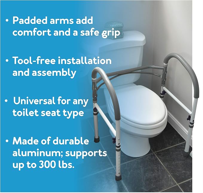 Carex Toilet Safety Rails, Adjustable and Detachable Toilet Safety Frame with Handles for Elderly, Handicap, or Disabled, Heavy-Duty Non-Slip Bathroom Grab Bar, with Padded Handles and Aluminum Frame