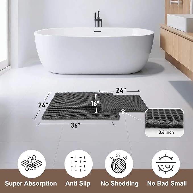 JIUZHEN Set of 2 Waffle Bath Mats Super Absorbent Boho Bath Rugs Non Slip Washable Bathroom Rugs Ultra Soft Machine Washable Shower Mats for Bathroom Floor, Tub, 16" x 24" +24" x 36", Black