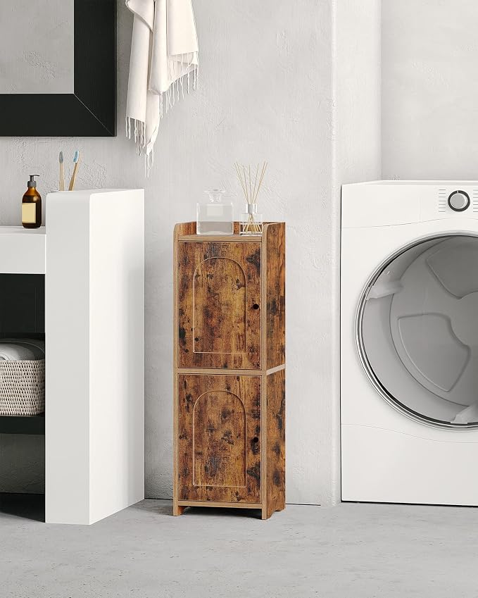 Hzuaneri Bathroom Storage Cabinet, Small Corner Floor Cabinet with 2 Doors and Adjustable Shelf, Narrow Toilet Paper Cabinets, Bathroom Organizer for Small Spaces, 7.9"D x 9.8"W x 29.5"H Rustic Brown