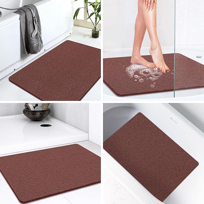 LuxStep Shower Mat Bathtub Mat,24x32 inch, Non-Slip Bath Mat with Drain, Quick Drying PVC Loofah Bathmat for Tub,Shower,Bathroom,Reddish Brown