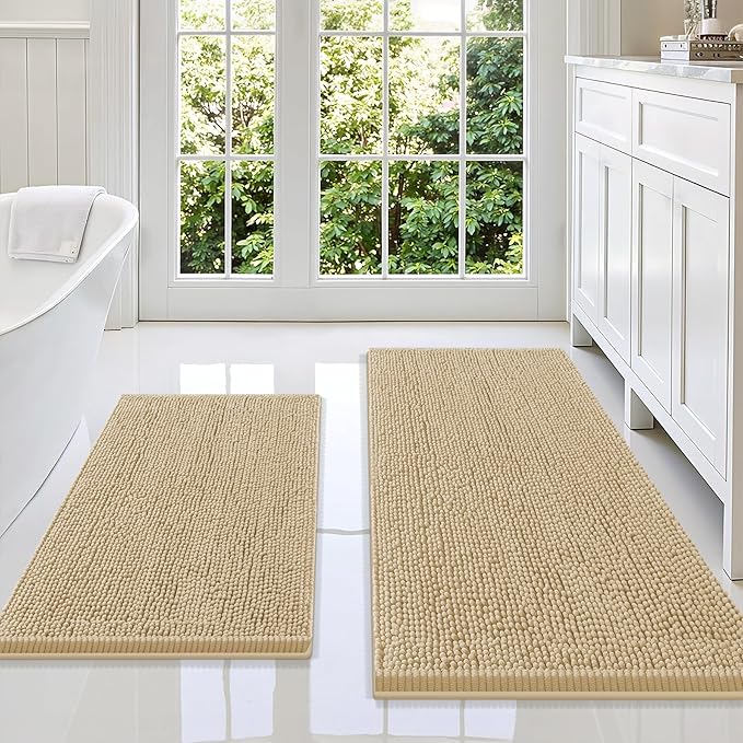 Smiry Bathroom Rugs Sets 2 Piece, Soft Absorbent Chenille Machine Washable Non Slip Shaggy Bath Rug Set for Tub, Shower, and Floor (47x20+30x20, Beige)
