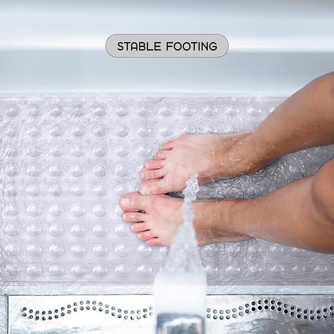 LUX Décor Non-Slip Bathtub Mat, Extra Large 40x16 Inches – Anti-Slip Safety Shower Mat with Suction Cups & Drain Holes – Machine Washable Bath Mat – Clear