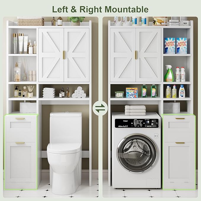 Einhomn Over the Toilet Storage Cabinet with Hidden Odor-Proof Trash Can&Toilet Paper Holder Combo–10 Storage Spaces, All-in-One Bathroom Rack for Bathroom, Laundry, White