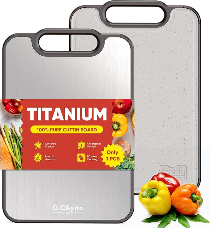 G.C&yite Titanium Cutting Board for kitchen, 2-in-1 Pure Titanium Chopping Board with Wheat Straw PP for Food Safety, Lightweight No Toxic, Kitchen Gifts 15.5" x 10.5", 1-Pcs (Dark Gray)