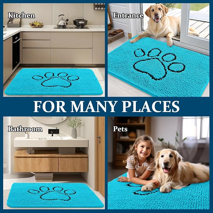 OLANLY Dog Door Mat for Muddy Paws 48x30, Paw Print Design, Absorbs Moisture and Dirt, Absorbent Non-Slip Washable Doormat, Quick Dry Chenille Mud Mat for Dogs, Entry Indoor Entryway Carpet, Aqua Blue