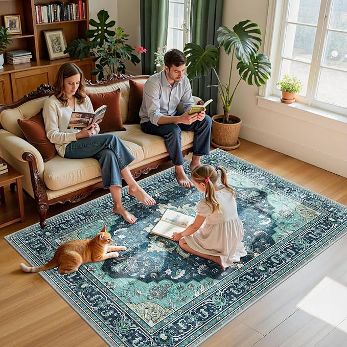 RELEANY Area Rugs 5'x7' Washable Non-Slip, Floral Vintage Distress Medallion Carpet for Living Room Bedroom Dining Room, Teal Green Lake Blue Turquoise