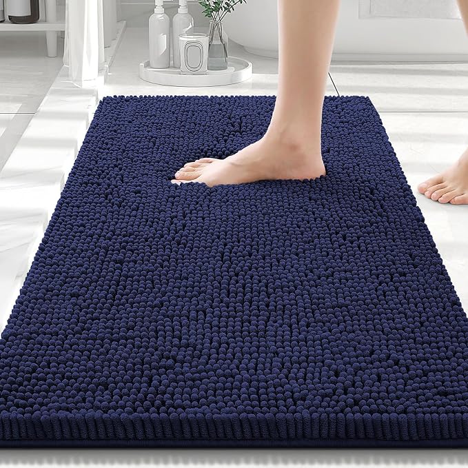 Smiry Luxury Chenille Bathroom Rugs 30x20, Extra Soft and Absorbent Shaggy Bath Mat, Machine Washable, Non-Slip Plush Carpet Runner for Tub, Shower, and Floor, Home Decor Accessories, Navy Blue