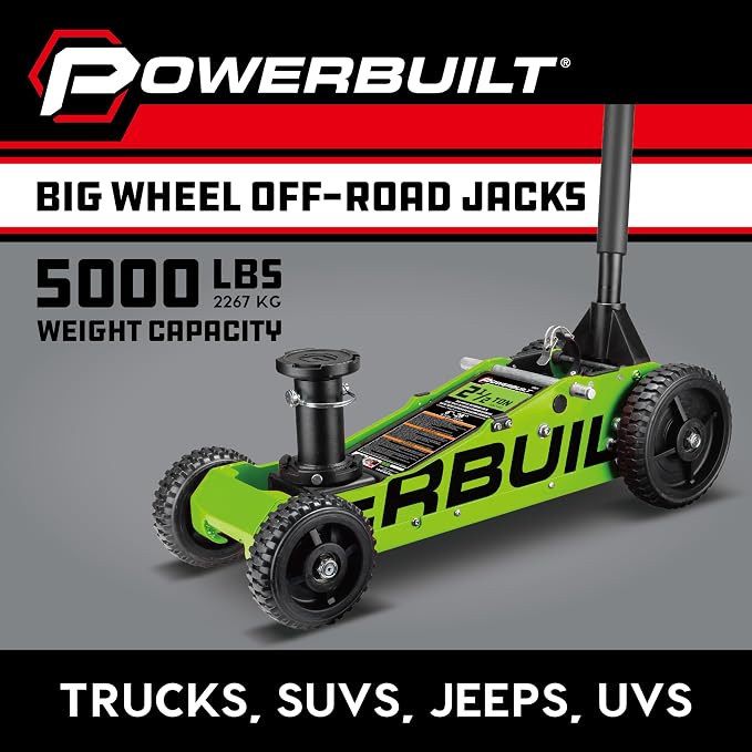 Powerbuilt 2.5 Ton Big Wheel Off Road Jack, Vehicle Lift for Trucks, SUVs, ATVs Offroad Vehicles, Oversized Wheels for Rugged Terrain, 5000 LB Capacity, Green 620624ECE