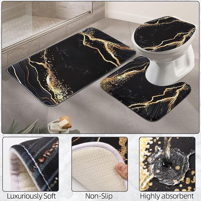 XLHOMO Bathroom Set Bathroom Sets with Shower Curtain and Rugs,Black Bathroom Accessories Set Waterproof Black and Gold Shower Curtain Set