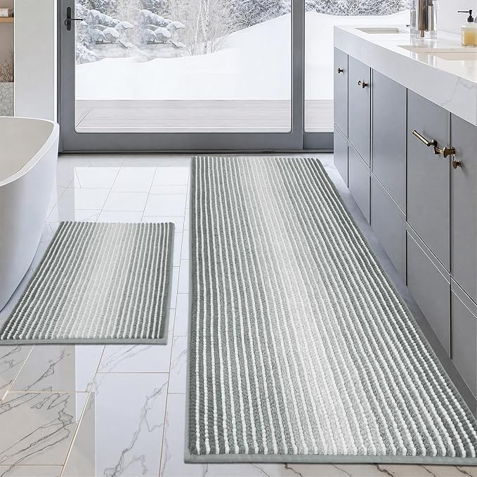 BSICPRO Bathroom Rugs and Mats Sets, 2 Piece Thick Absorbent Chenille Bath Mat Rug Set Non Slip, Soft Shaggy Bath Room Floor Mats for Bathroom, Machine Washable (Light Gray, 24" x 70" Plus 20" x 32")