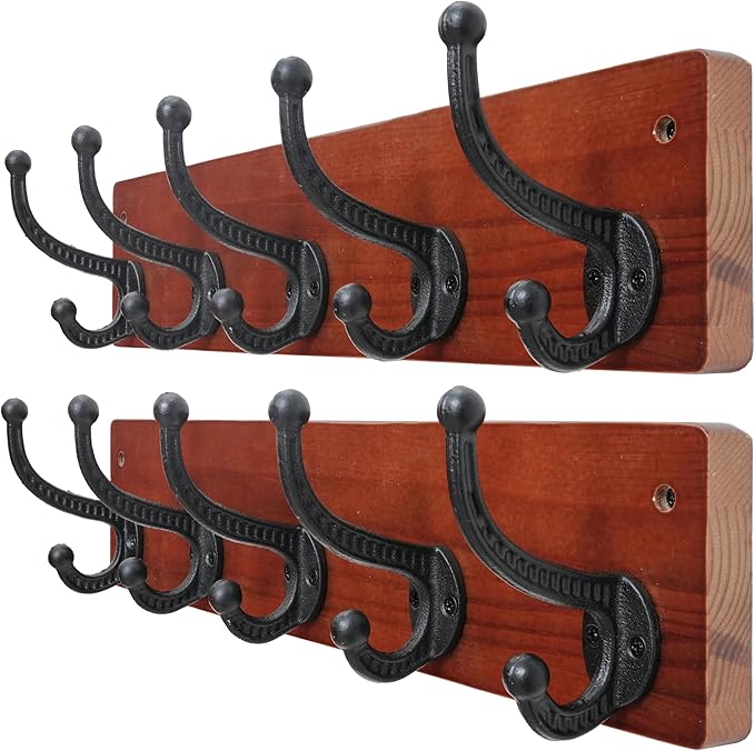 WEBI Rustic Coat Rack Wall Mount,5 Cast Iron Coat Hooks Wall Mounted,Heavy Duty Wood Wall Coat Hanger Hooks for Hanging Coats,Jacket,Clothes,Backpack,Farmhouse,Cherry,2 Packs