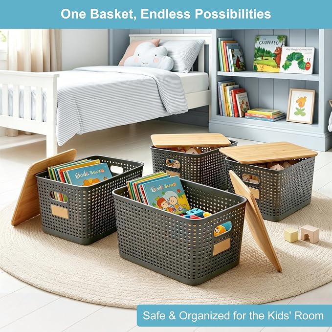 Bagnizer 2 Pack Tall Plastic Storage Bins with Bamboo Lids, 10.8qt Stackable Storages Baskets for Organizing Desktop Closet Playroom Classroom Office, 12"L x 8.3"W x 6.1"H, Gray