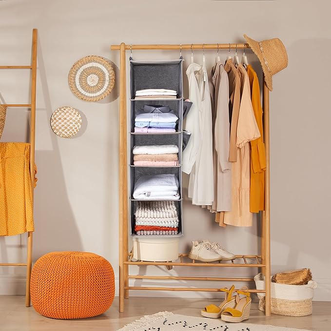 BOOMIBOO Hanging Closet Organize and Shelves，5-Hanging Shelf with 2 Side Pockets，Storage Foldable （Red）