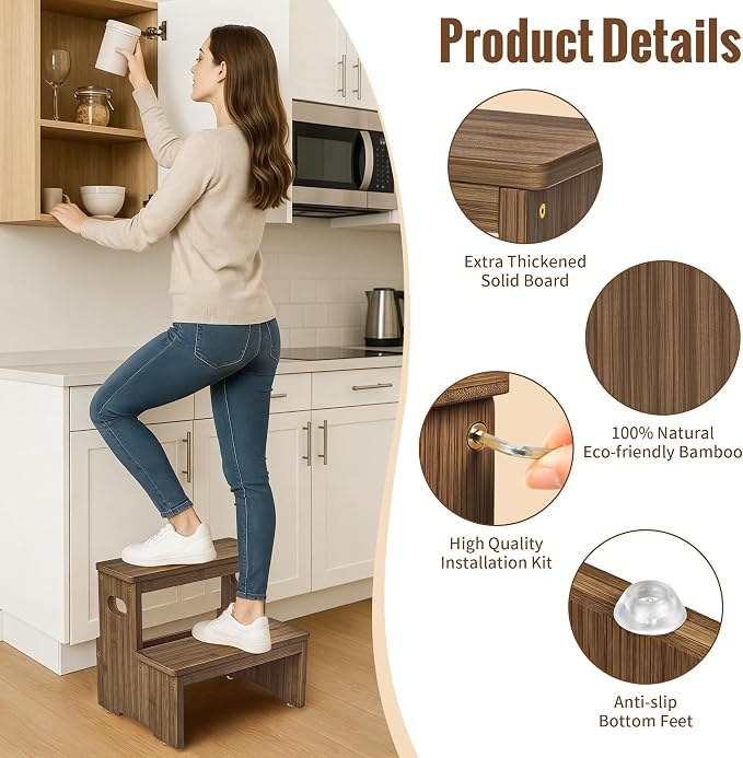 Two Step Stool for Adults and Kids, 450lbs Heavy Duty Step Stool, Bamboo Step Stool for High Beds, Portable Helper Step Stairs for Kids, for Kitchen, Bathroom, RV, Bedside Step Stool, Walnut