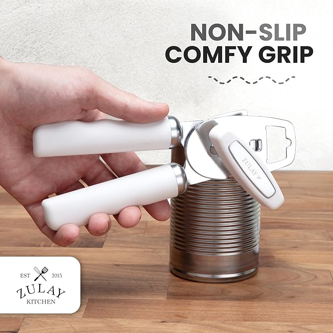 Zulay Kitchen Heavy Duty Stainless Steel Can Opener Manual with Bottle Opener - Rust Proof Manual Can Opener With Turn Knob & Comfy Soft Grip Handles - White