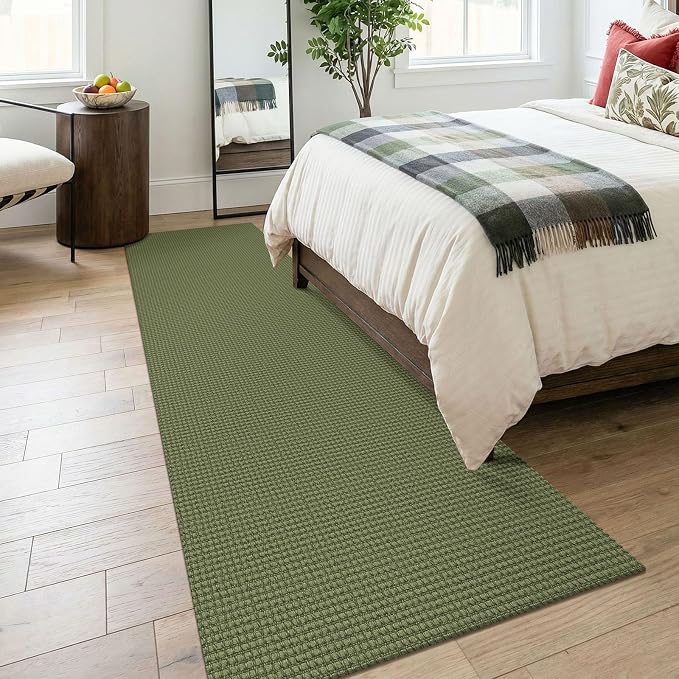 KOZYFLY Cotton Runners for Hallway 3x8, Wide Washable Runner Rug, Woven Non Slip Kitchen Runner, Braided Entryway Rug, Floor Carpet for Foyer, Bedroom, Hall, Olive Green/Earthy Green