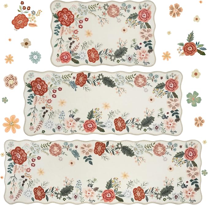 Homcomoda Floral Kitchen Rugs Mats for Floor 3PC, Farmhouse Non Slip Kitchen Rug Runner, Washable Non Skid Kitchen Rugs, Comfort Standing Mat for Laundry, Desk, Bar, Office, Beige