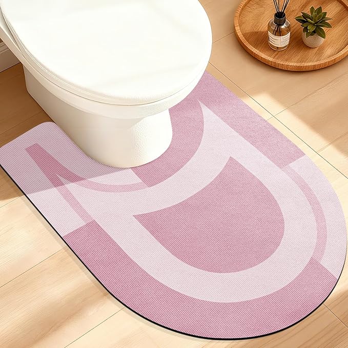 ACCUMTEK Non Slip Bath Mat, Thin Bathroom Rugs Fit Under Door, Quick Dry Bath Mats, Machine Washable Bath Rugs for Bathroom, Bathtub & Kitchen, Pink/Bordered/U-Shaped 24"x20"