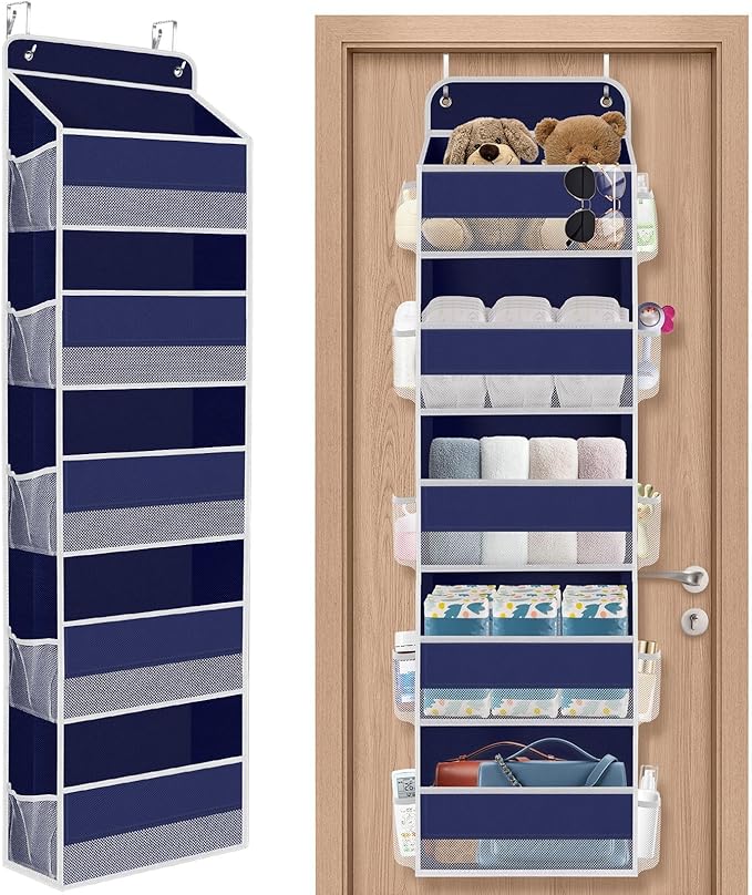 SpaceHacks 1 Pack Over The Door Organizer, Hanging Storage Organizer with Clear Window, 40lb Ultra Sturdy Large Capacity Room Organizer for Pantry Laundry Bathroom Nursery Closet (Blue)