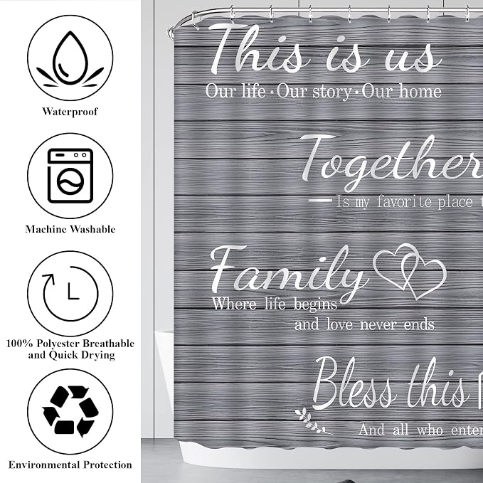 4Pcs Family Shower Curtain Sets with Non-Slip Rugs, Toilet Lid Cover and Bath Mat, Grey Home Bathroom Decor Set Accessories Waterproof Shower Curtains with 12 Hooks, 72 x 72 Inch