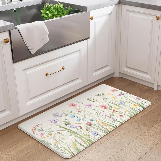 KIMODE Anti Fatigue Kitchen Mat 17.3"x29", Boho Floral Kitchen Floor Mats Non Slip, Waterproof Kitchen Mat for Floor, Padded Comfort Standing Mat for Laundry, Office, Sink, Desk White
