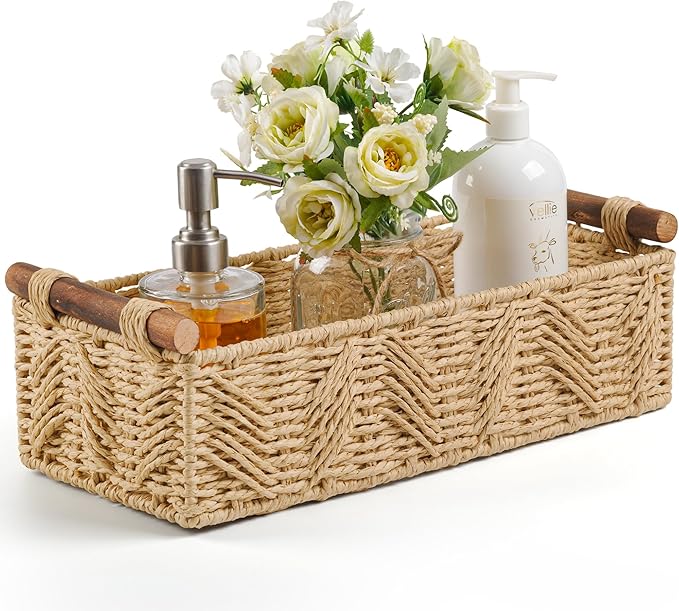 Bathroom Baskets for Organizing with Handle Decorative Basket for Bathroom Countertop Storage Toilet Paper Storage Basket for Toilet Tank Top Small Baskets Set,Beige