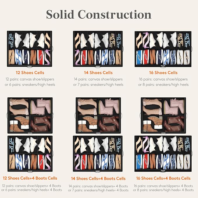 Lifewit Under Bed Shoe Storage Organizer 3 Pack(12 Shoes Cells), 4.3 Inches Profile Fabric Shoes Container Box with Clear Cover, Foldable Storage Bag with 2 Handles, Fits 18 to 36 Pairs
