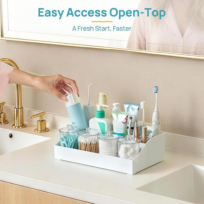 Vtopmart 5 PCS Bathroom Countertop Organizer, 1 Divided Tray with 4 Qtip Holder Jars, Restroom Clear Organizers for Toothbrush, Cotton Pads Balls, Floss, Bathroom Vanity Accessories Storage Set, White