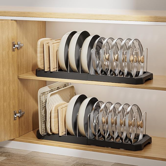 MUDEELA Pot Lid Organizer Rack for Cabinet, Expandable Pots and Pans Organizer under Cabinet with 12 Adjustable Dividers, Pan Organizers Holder inside Cabinet for Cutting Boards, Baking Sheets, Black