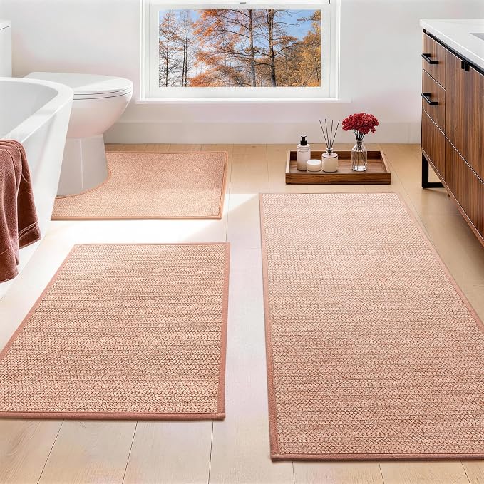 YIHOUSE Pink Bathroom Rugs Sets 3 Piece, Quick Dry Thin Bath Mat with Toilet Rug, Non Slip Absorbent Machine Washable, Bath Runner Rugs for Bathtub Sink Home Decor