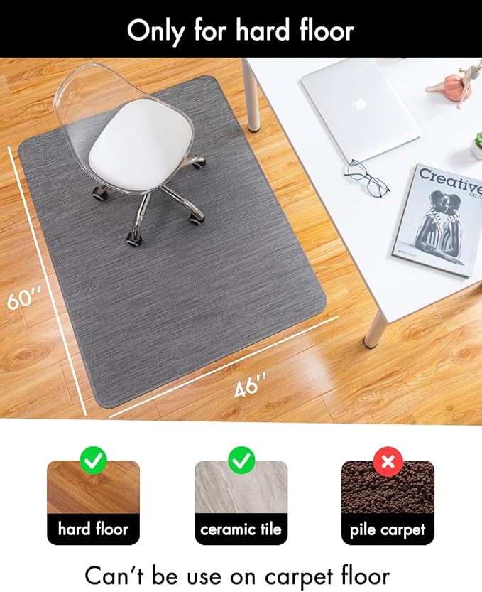 BARoyal Office Chair Mat for Hardwood Floor Under Desk Computer Rolling Chair Mat for Wood/Tile Floor Non-Slip Heavy Duty Desk Rug PVC Plastic Hard Floor Protector 46"x 60" (Gray)